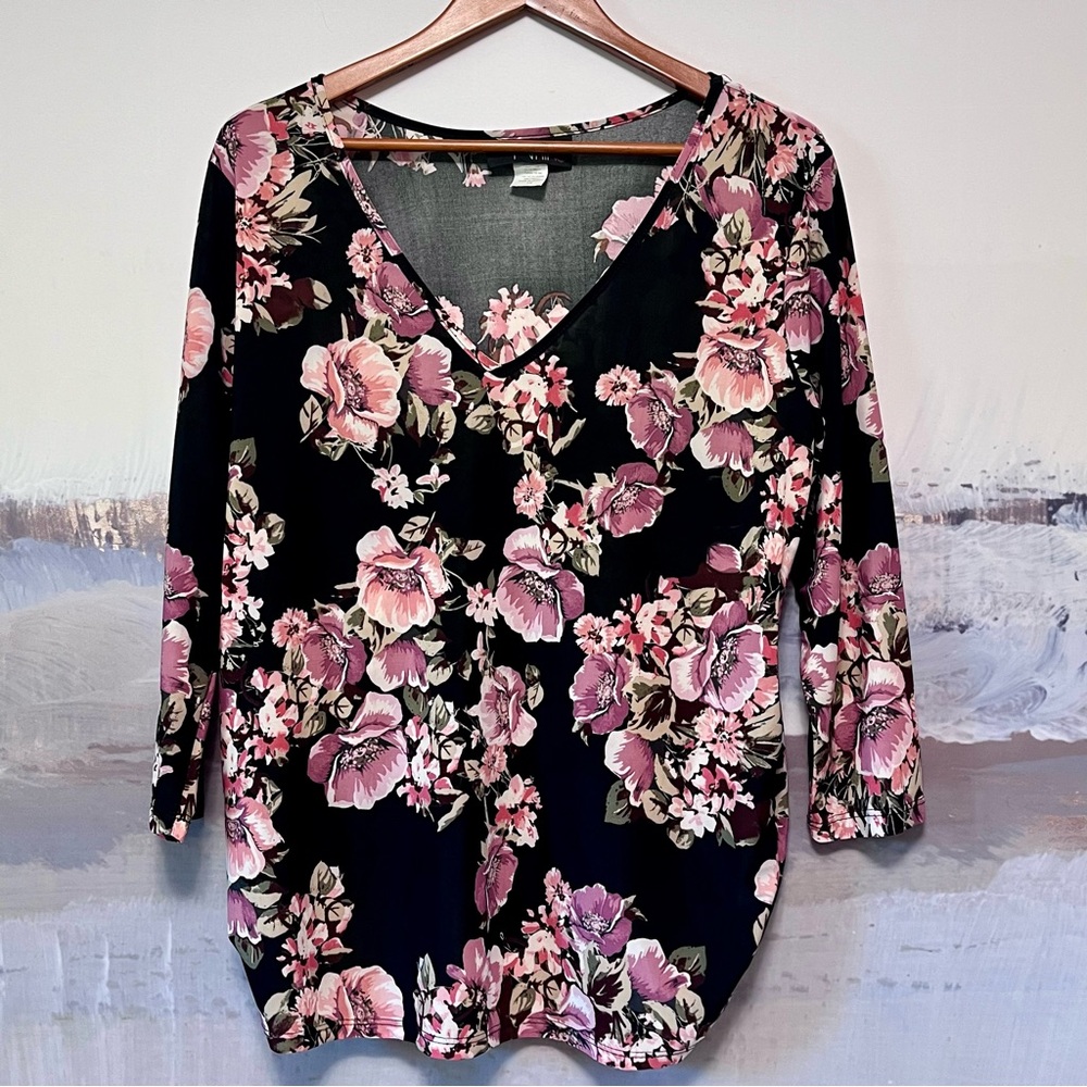 SAY ANYTHING Tunic Top Sz 1X Floral Cottagecore Long Sleeve Colorful Liquid Knit